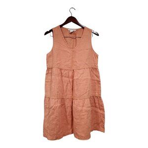 Lucky Brand 100% Linen Orange Sleeveless V-Neck Tiered Babydoll Sun Dress Sz S